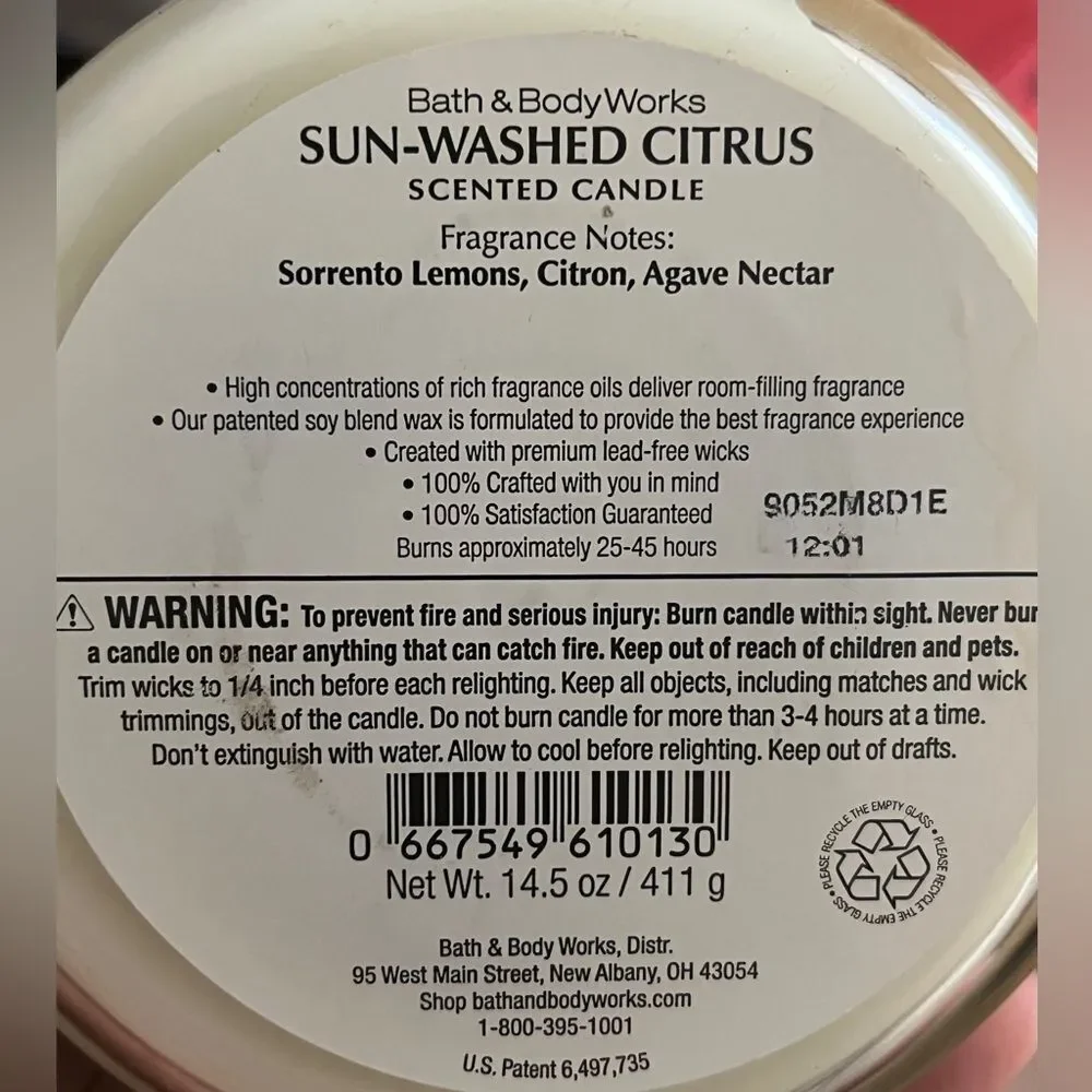 Bath And Body Works 3 Wicks Candle SUN WASHED CITRUS 14.5 oz Discontinued